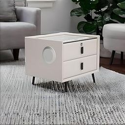 CORAL TREE Wood Smart Nightstand with Wireless Charging, USB Port, Modern Nightstands with 3 Color LED Lights and Speaker, Wooden End Side Table for Bedroom, Dorm, 2 Drawers (White)-image-91