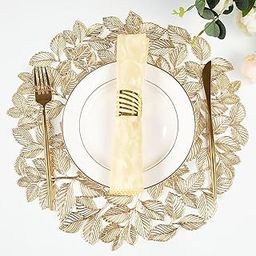 Maffily Leaf Gold Placemats Bulk Pressed Vinyl Place mats Washable and Wipeable Round Placemats Set of 6 Hollow Out Non-Slip Metallic Decorative Table Mats for Dining Table Kitchen Decor-image-10