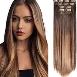 Creamily 4PCS Clip In Hair Extensions,Long Straight Hair Extensions For Women,Synthetic Full Head Clip on Hair Extensions Natural Soft Daily Use Brown mix Blonde 22Inch-image-60
