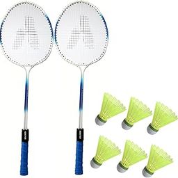 Addiction Double Shaft Badminton Set, 2 Racquets with 6 Nylon Shuttlecocks, Blue and White-23