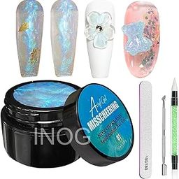 INOG Solid Builder Gel Kit for Nails, Aurora Shimmer Hard Gel for Nail Extension, Non-Sticky 3D Carving Sculpture Gel with Silicone Pen Decoration Mold for DIY Nail Art Home Salon Use (Aurora Blue kit)-image-101