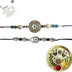 Set of 2 Evil Eye Rakhi with Roli Chawal, Greeting Card & Decorative Pooja Thali | Blue Beads & Pearl Designer Rakhi Combo for Brother | Raksha Bandhan Gift Set-image-60