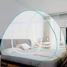 Safemyles Foldable Mosquito Net for Single Bed | 30 GSM Premium Polyester Mesh | Pop-Up Design with Bottom Support | Portable with Storage Bag | White with Blue Border (200×120×145 cm)-picture-17