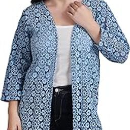 Womens Self Design Cotton Lace 3/4th Sleeve Long Shrug | Front Open, No Closure | Sky Blue-18