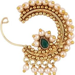 Plus stylish golden finish with a studded Artificial green stone and beads piercing Maharashtrian Nath for girls and women.-image-22