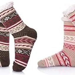 Winter fluffy Snowflake Fleece Soft Slipper Socks white soft fur Lining Knit Thick thermal Warm Christmas Slipper Socks with Anti-Slip Sillicon rubber (Pack Of 2 | MIXRANDOM DESIGN)-image-64