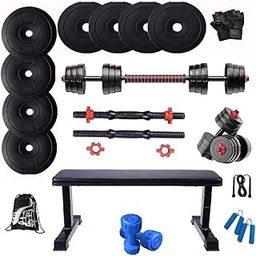 Bodyfit Home Gym Set (16kg -100kg) Weight Plate +3in1 Convertor Barbell Rod, 2 x Dumbbell Rods+ Flat Heavy Simple Bench for Home Gym Workouts, 1kg PVC Dumbbell. (16Kg Weight Plates)-picture-14