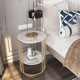 Vought Store Metal Frame Marble Look End Table Sofa Side Table Tea Table Snackes Table for Living Room Berdoom or Hallway (Golden White)-image-16