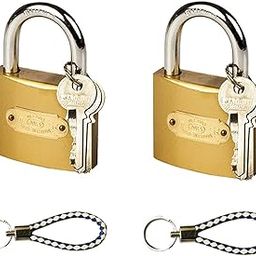 SAI PRASEEDA 50 MM Rectangular Gold Color Locks_ Pack of 2_Metal Body_3 Keys and 1 Key Chain with Each Lock_Locks for Doors_Gates_Shelves_Luggage Bags LK 10-43