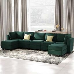 Modern U-Shaped Sectional Sofa Set with 2+2+1+2 Seating & 2 Ottomans | Premium Fabric Upholstery | Fiberfill Cushions | Living Room Furniture for Home & Office (Bottle Green)-image-78