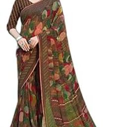 Women's Printed Fancy Leaf Print Chiffon Saree with Blouse Piece (Brown::Multicolor) (38028)-18