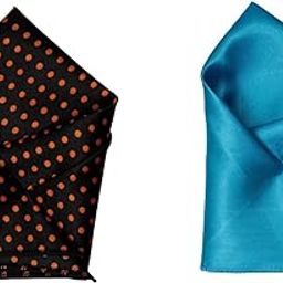Men’s Satin Pocket Square Set – Black with Orange Polka Dots & Teal Blue Solid-image-88