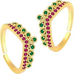Rani Pink Green Cubic Zirconia Studded Fancy Toe Ring Adjustable Gold Plated Bichiya Fashion Jewellery-42