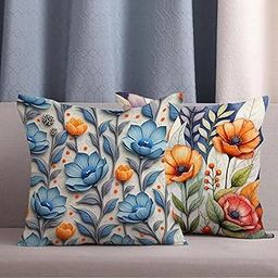 SCPmarts Flower Printed Cushion Cover Home Decorative Covers for Sofa Soft Solid Square Throw Pillow Cushion Covers Satin Set of 2 Cushion Covers Size 16 x 16 Inch (Thme 10)-image-16
