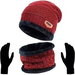 Winter Knit Beanie Cap Hat Neck Warmer Scarf and Woolen Gloves Set for Men & Women (3 Piece) Ultra Soft Unisex Woolen Beanie Cap Plus Muffler Scarf Gloves Set-image-24