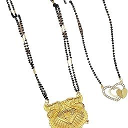 Traditional Gold-Plated Mangalsutra with Heart Pendant, Double Black Beaded Chain, Crystal-Studded Design (PACK OF 2)-0