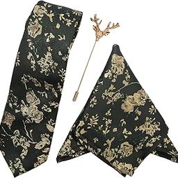 Men's Microfiber Dark Green Necktie Set with Pocket Square and Lapel Pin-image-70