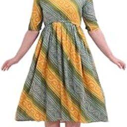 Women and Girls fit and Flare Geometric Printed Pure Cotton Long anrkali Kurta with TPSsels tieup Sleeve Yellow-image-26