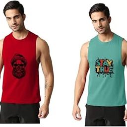 Men's Cotton Printed Vest Sleeveless for Daily Use Red Green XL (Pack of 2)-image-3