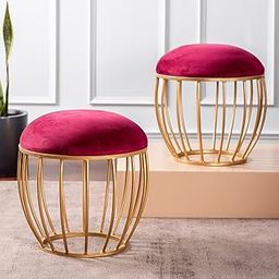 nestroots Ottoman Stool for Living Room - Set of 2 Metallic Stools for Sitting, Bedroom Pouffes, Side Table | 10.5 Inch Height, Maroon Cage Design | Stylish & Durable Footrest Stool for Home-image-74