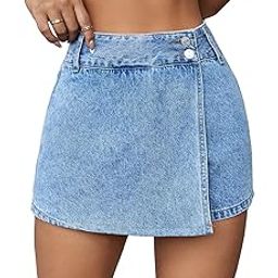 Women's Wrap Button Front Asymmetrical Hem Denim Skort Pocket Skirt Shorts-3