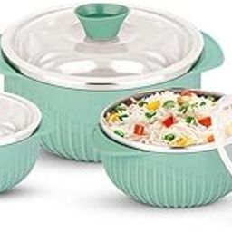WARMEO Coral Microwave Safe Bowl | BPA Free | Food Grade | Serving Bowl with Lid |Mixing Bowl | Inner Steel | Easy to Carry | Easy to Store | Set of 3, 1000ml, 1500ml, 2500ml-Teal Green-17