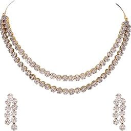 American Diamond CZ Gold Plated Designer Jewellery Set/Necklace Set with Chain & Earring for Girls/Women (RVA102)-8