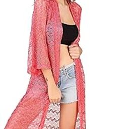 3/4th Sleeve Self Design Lace Net Knee Length Shrug - Orange-35