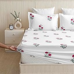 HOMEMONDE 210TC Soft Cotton All Around Elastic Fitted Bedsheet King Size 84 x 78 Inches Floral Printed Fitted Sheet with 2 Pillow Covers, Red Rose-image-49