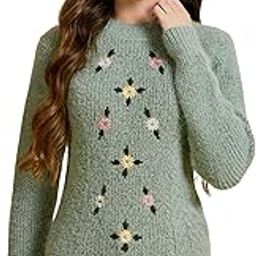 Women's Floral Embroidered Knitted Pullover Sweater, Long Sleeve, Round Neck, Casual-image-42