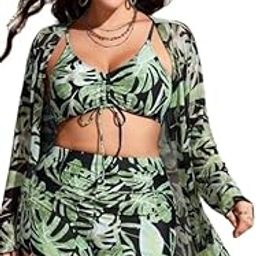 Plus 3pack Tropical Print Drawstring Bikini Swimsuit Light Green - XL - 8XL-picture-40