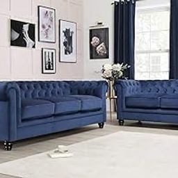 ES ESPINHO ESPN0001 Solid Sal Wood Velvet Upholstered 5 Seater Button Tufted Chesterfield 3+2 Sofa Set for Living Room, Blue Color-image-60