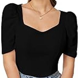 Women's Sweet Heart Neck Puff/Balloon Bishop Sleeve Elegant Casual Tee Top, 23" inches (Top Mentos-01)-image-33
