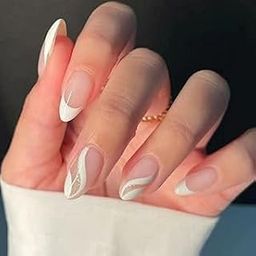 Set Of 24 Artificial/Fake Reusable Press on Nails In Almond Shape With White & Silver Stillet Wave.-image-0