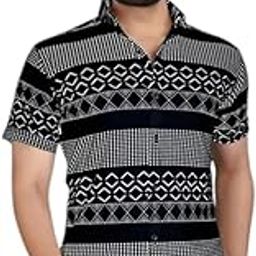 Men's Geometric Print Short Sleeve Shirt, White and Black Pattern, Casual Button-Down Collar Solid Vartical Striped Lycra Casual Shirt-image-36