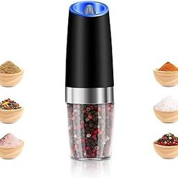 Shengya Gravity Electric Pepper Salt Grinder, Adjustable Coarseness, Battery Powered with LED Light, One Hand Automatic Operation, Stainless Steel Black (6 x AAA Batteries Not Included)-image-1