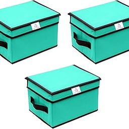 Craft Bazar Green Solid Foldable Storage Box with Lid & Side Handle | Durable Non-Woven Fabric Organizer Bin for Wardrobe, Closet, Books, Toys, Clothes | Multipurpose Storage Solution (Set of 3)-4