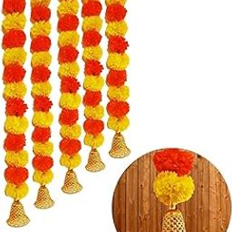 Agnirva Artificial Marigold Flowers Garland with Golden Hanging Bells for Decoration Home Decor Temple Pooja Room Diwali Toran Genda Phool Table Wedding Festival (5 Feet Long, Pack of 5)-picture-12