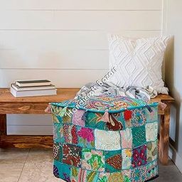 Handmade Vintage Pouf Bohomian Embroidery Ottoman Cover Traditional Patchwork Square Bean Bag Tassels Braided Living Room Foot Stool Decorative Sitting Side Table (16x16x16 Inch)-image-16