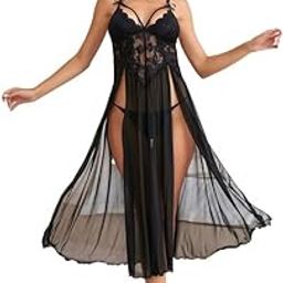 Women's Sexy Lace Babydoll Nightwear – Sheer Lingerie Dress with Slit Design & Matching Thong – Black-image-47