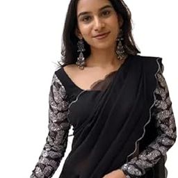 Women’s Jalpari Black Georgette Saree Beautiful Cutwork Border with Heavy Embroidery Blouse for Parties Wedding-16