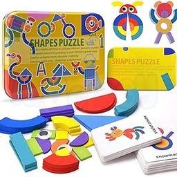 Kidology 38-Piece Wooden Shape Puzzle Toy Set for Toddlers – Early Learning Educational Toy with 60 Cards in Durable Iron Box, Colorful Shapes and Patterns for Kids Age 3+ Years (Yellow)-6