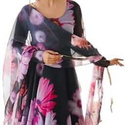NIVANSH Fashion Women's Georgette Fit & Flare Floral Pattern Full Sleeve Semi-Stitched Gown with Duppata (Black) Size : X-Large-image-39
