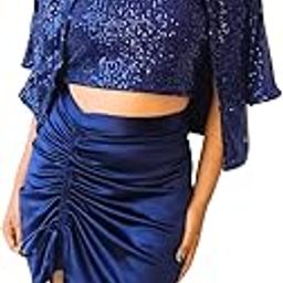 Women's 3-Piece Sequin Dress Set with Top, Jacket and Skirt, Blue-image-88