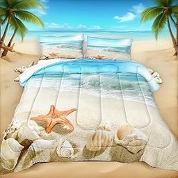Bedbay Ocean Beach Comforter Set Starfish Bedding Set Blue Ocean Coastal Starfish Conch Natural Themed Tropical Comforter Twin Size 1 Comforter 1 Pillowcase(Conch,Twin)-picture-28
