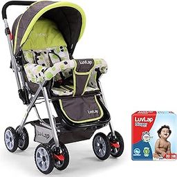 LuvLap Sunshine Stroller/Pram, Easy Fold, for Newborn Baby/Kids, 0-3 Years (Light Green) & Baby Diaper Pants New Born Size (NB), Pack of 30 Count, for Babies of Upto 5Kg, Extra Small (XS)-4