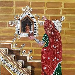 Traditional Indian Wall Art, Rajasthani Folk Painting, Handmade Canvas Artwork, Red and Gold-12