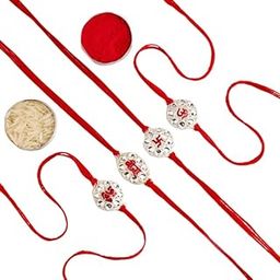 Decorative Tradational Set Of 4 Om, Swastik, Ganesha & Veera Silver Kundan Designer Rakhi With Roli Brother's Gift For Raksha Bandhan-image-45