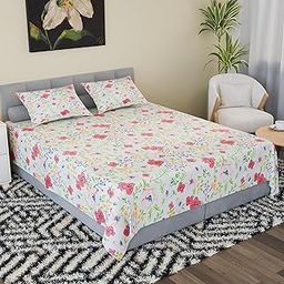 Kuber Industries Cotton 200 TC Double Bedsheet With 2 Pillow Covers | Machine Washable Soft Bedsheet For Living Room, Home & Hotels | Flower Print - Pink & White-image-95