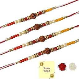 Set of 4 Rudraksha Rakhis with Roli Chawal Pack And Greeting Card-image-47